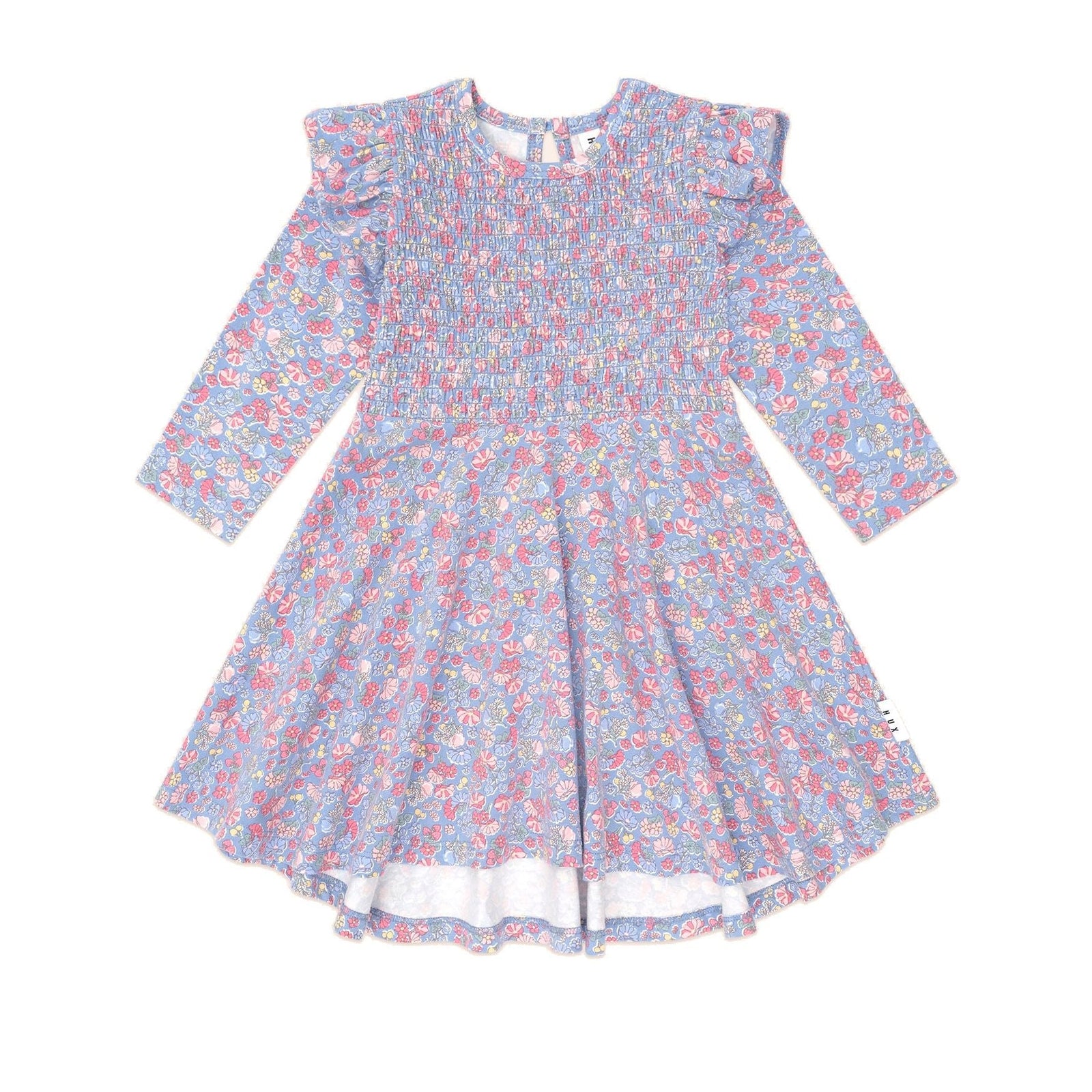 Vintage Floral Shirred Long Sleeve Dress
