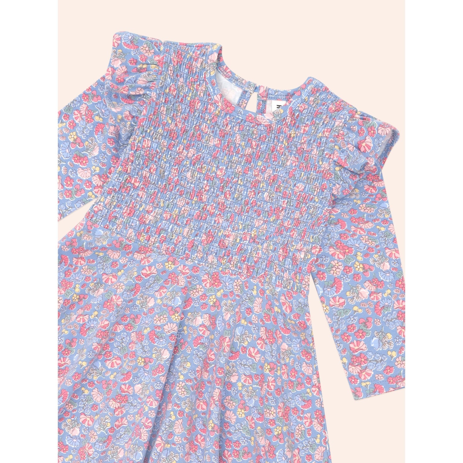 Vintage Floral Shirred Long Sleeve Dress