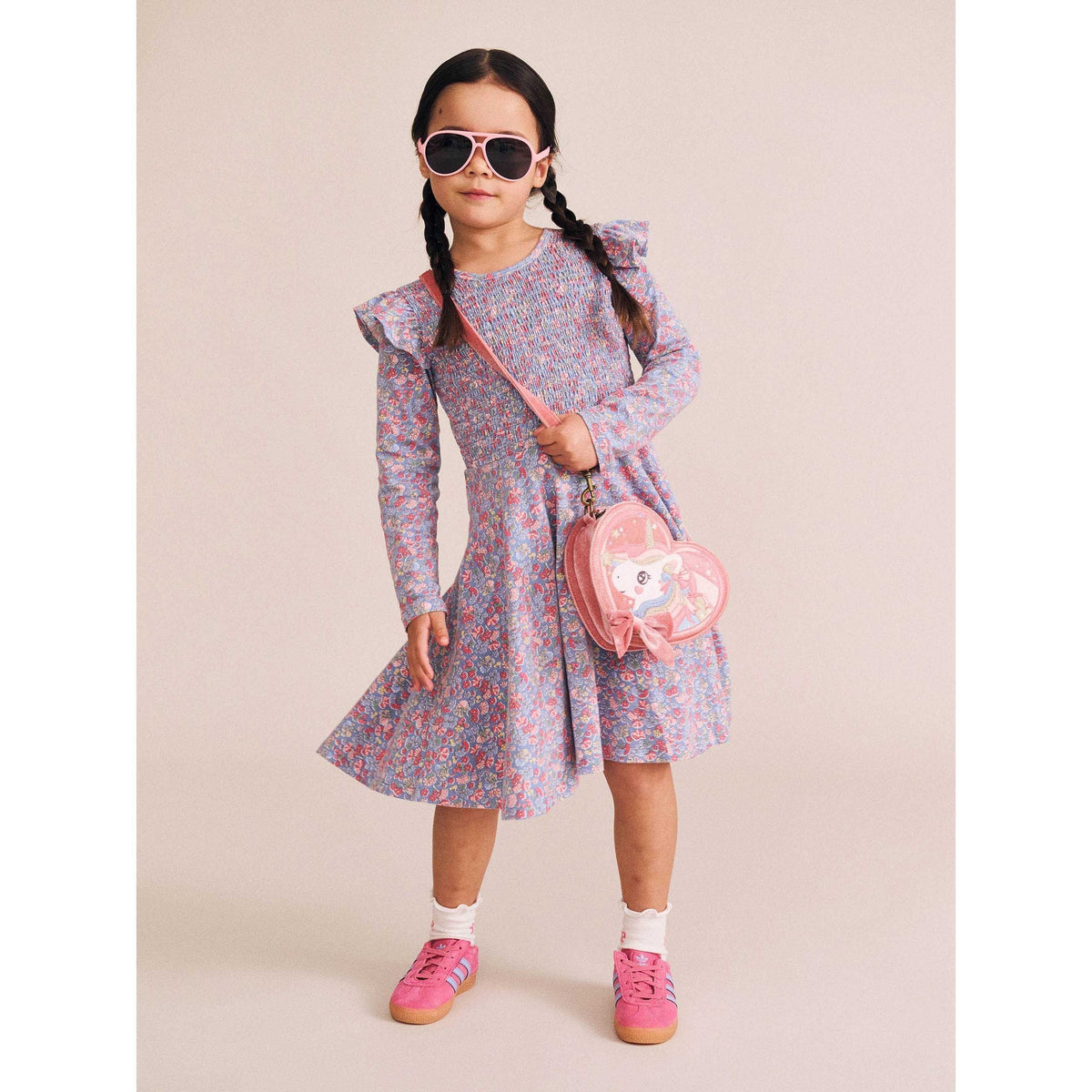 Vintage Floral Shirred Long Sleeve Dress