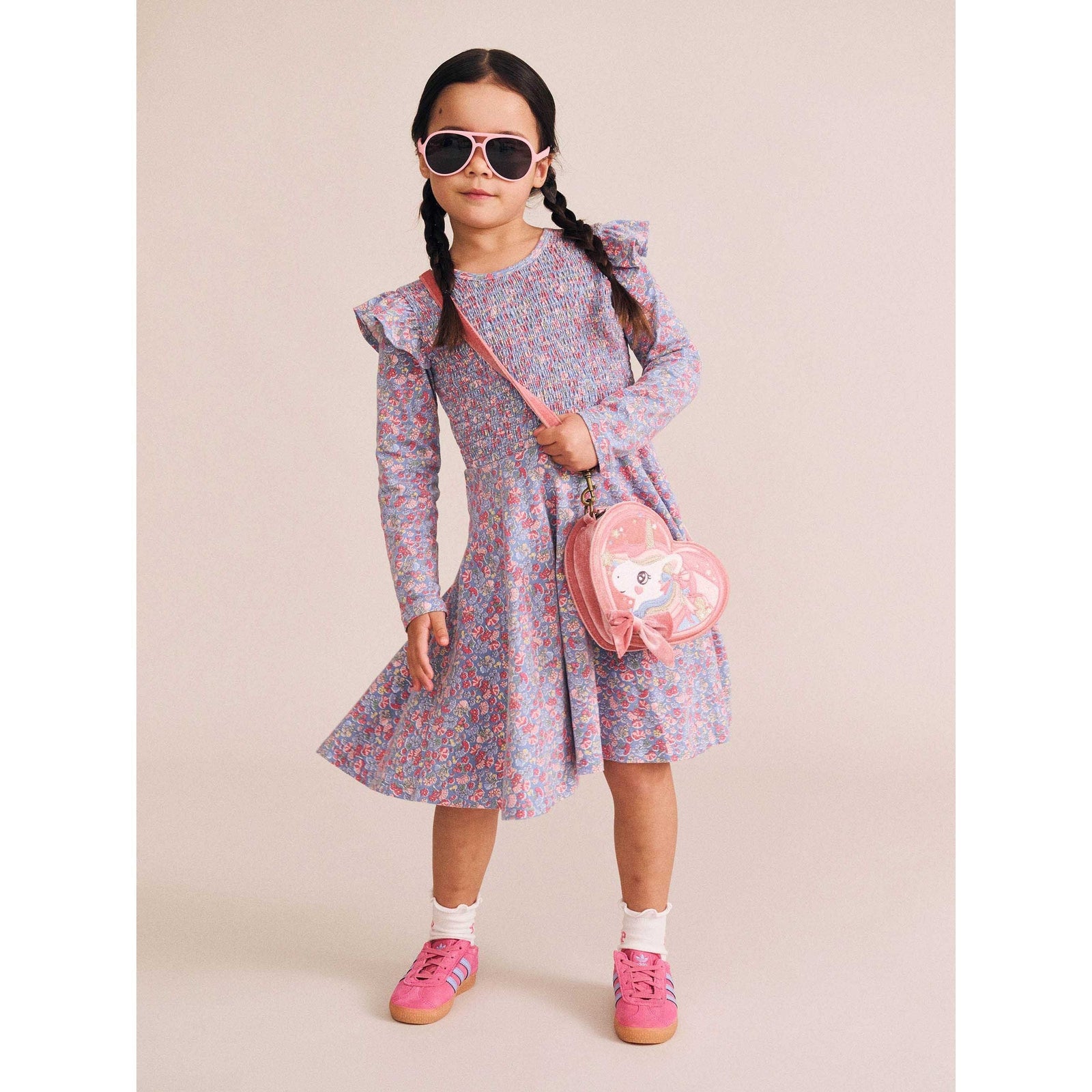 Vintage Floral Shirred Long Sleeve Dress