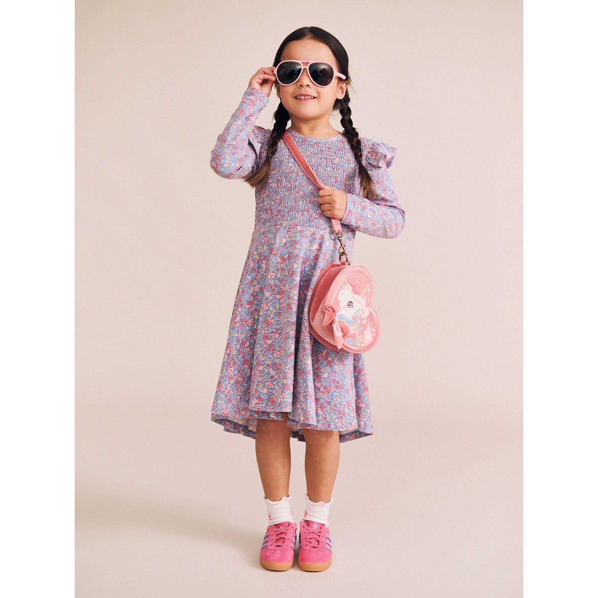 Vintage Floral Shirred Long Sleeve Dress