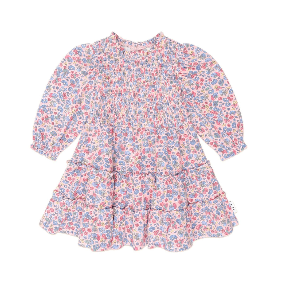 Vintage Floral Puff Long Sleeve Shirred Dress