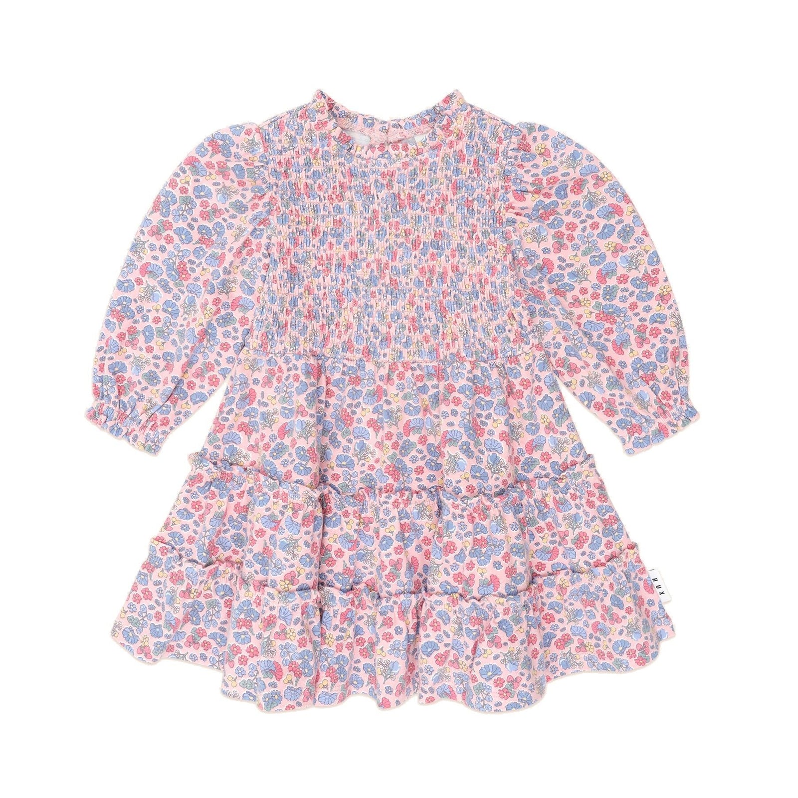 Vintage Floral Puff Long Sleeve Shirred Dress