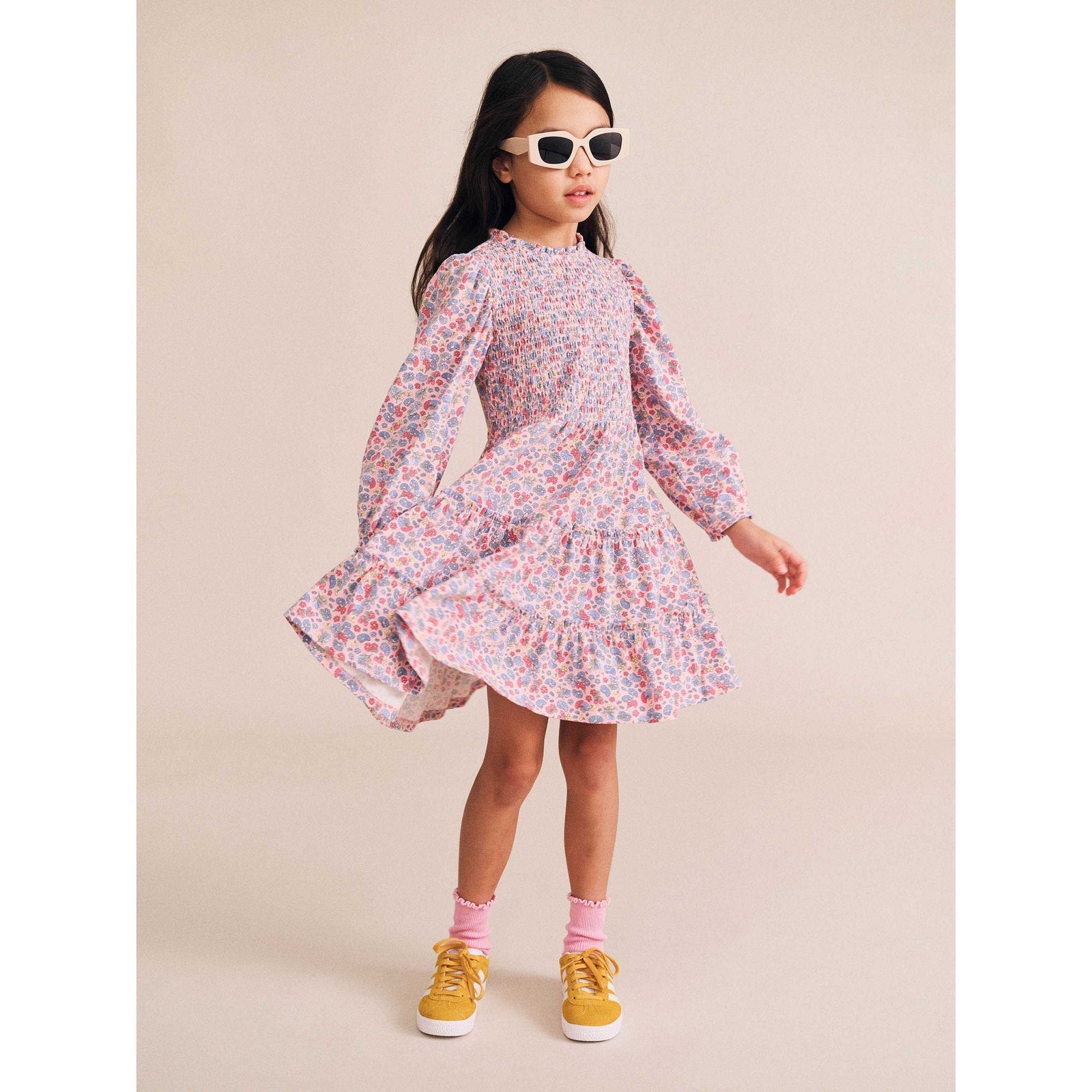 Vintage Floral Puff Long Sleeve Shirred Dress