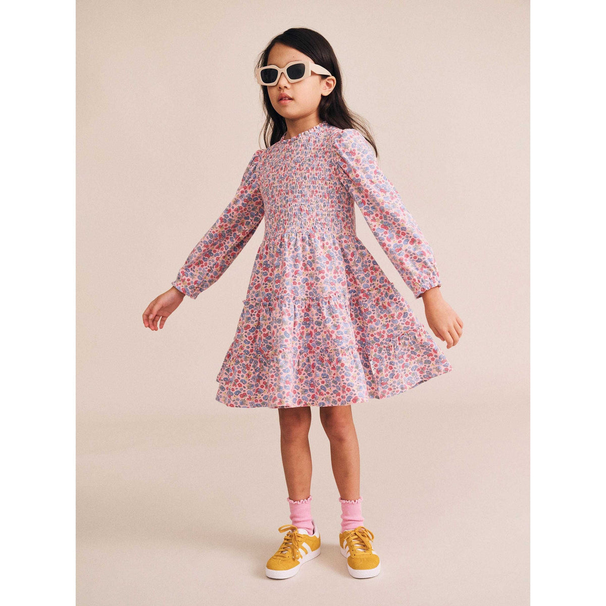 Vintage Floral Puff Long Sleeve Shirred Dress