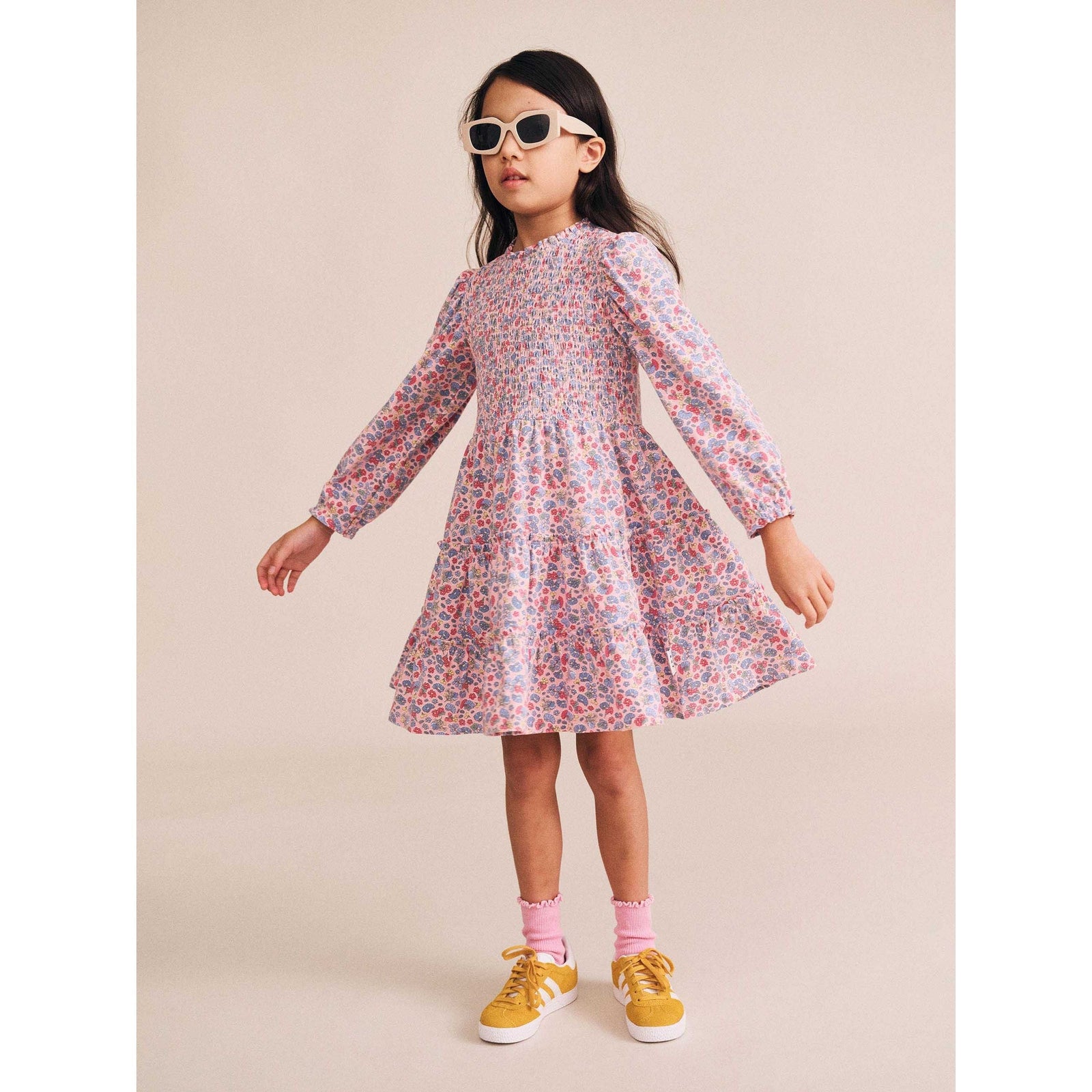 Vintage Floral Puff Long Sleeve Shirred Dress