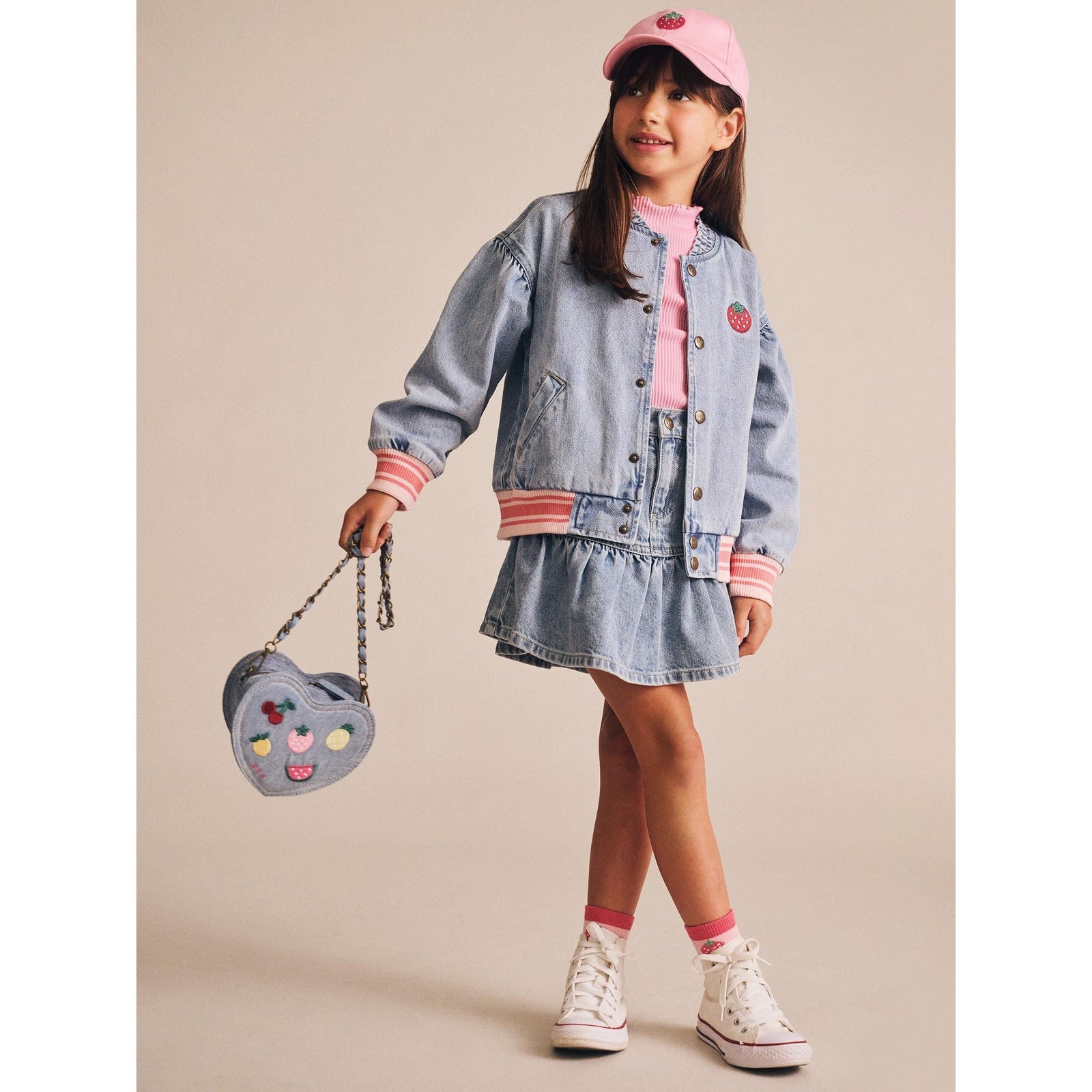 Dreamy Denim Strawberry Bomber
