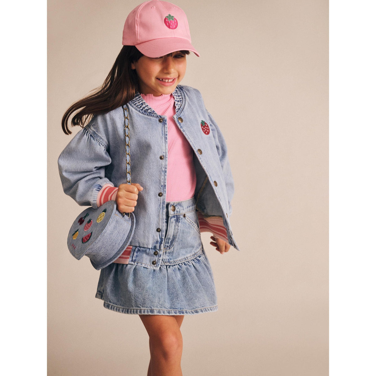 Dreamy Denim Strawberry Bomber