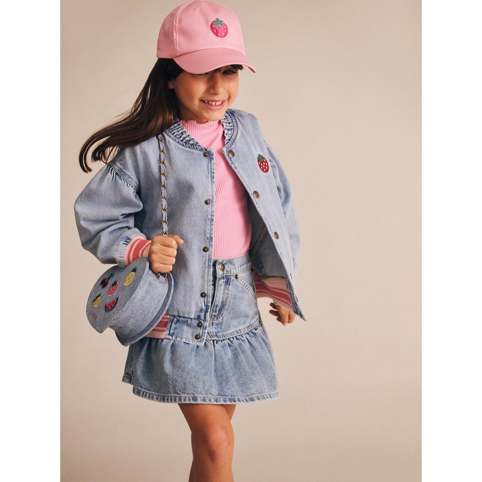 Dreamy Denim Strawberry Bomber
