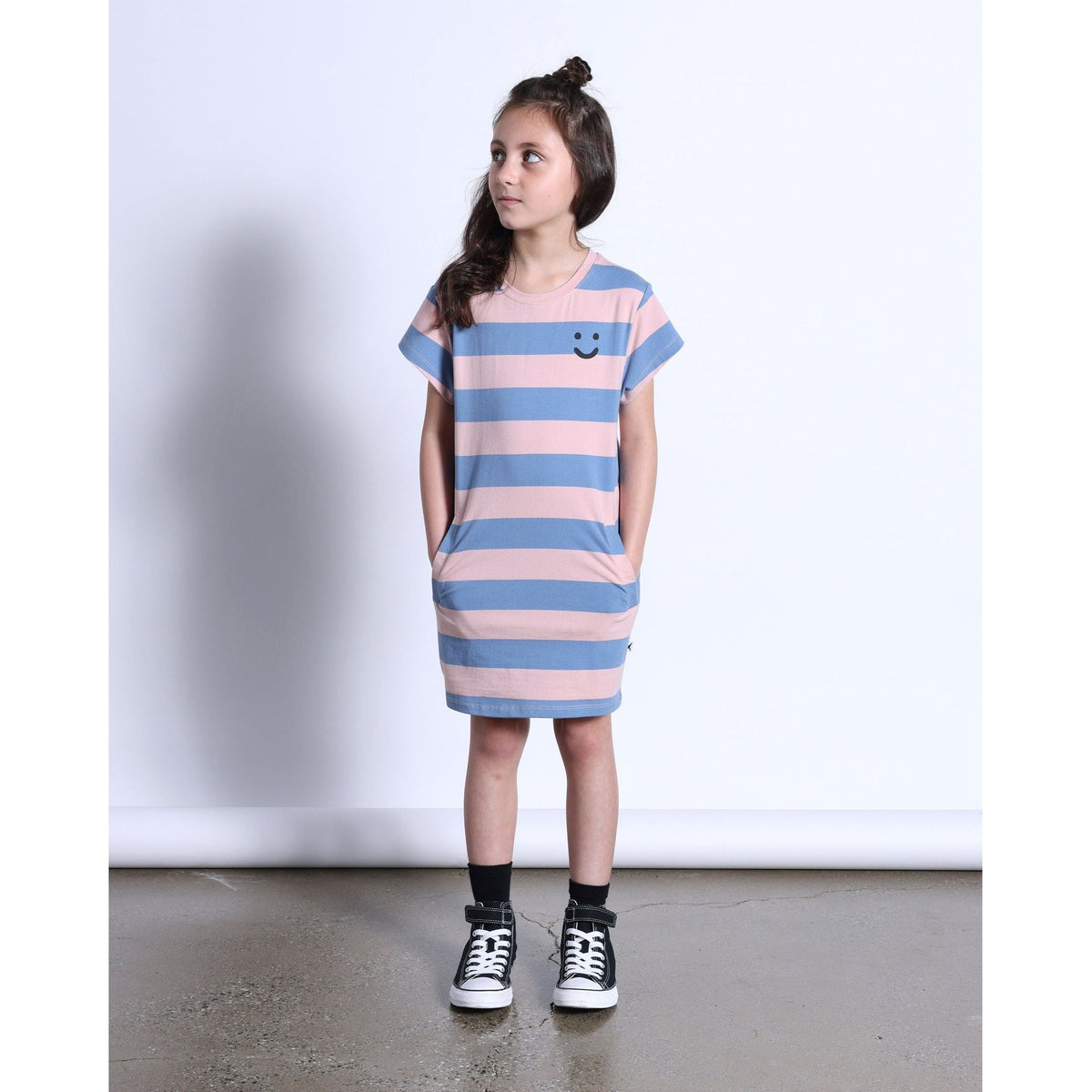 Happy Face Tee Dress- Muted Pink/Muted Blue