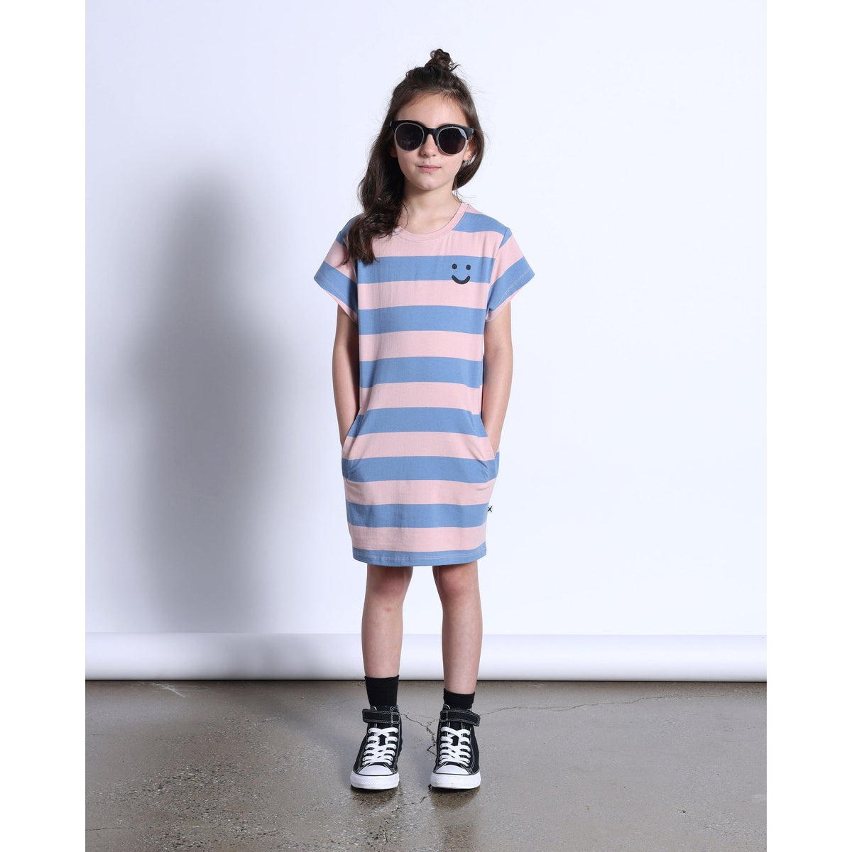 Happy Face Tee Dress- Muted Pink/Muted Blue
