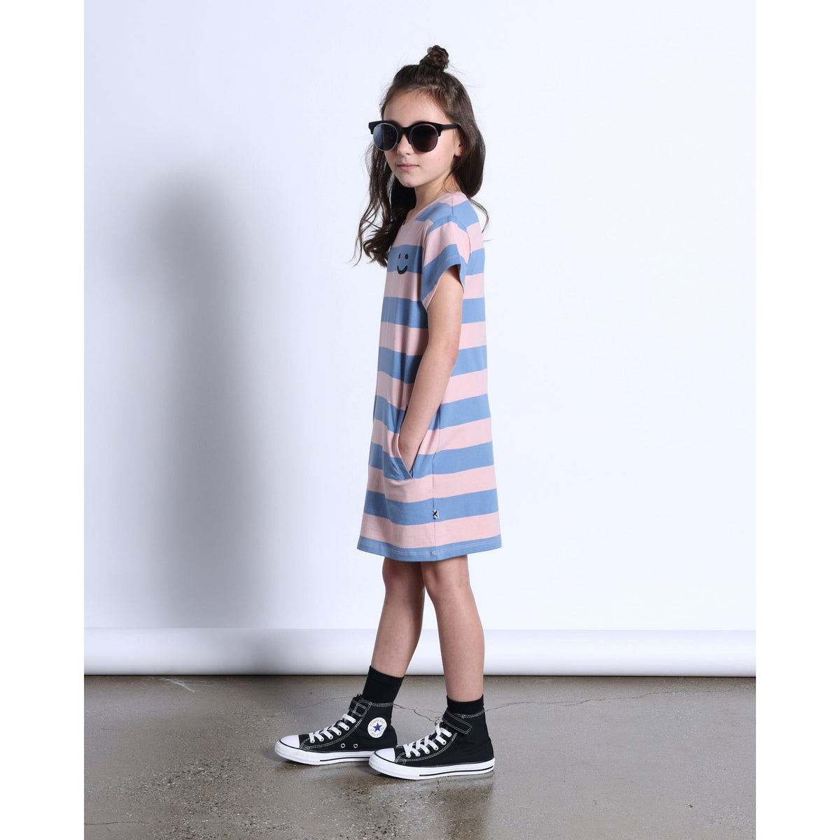 Happy Face Tee Dress- Muted Pink/Muted Blue