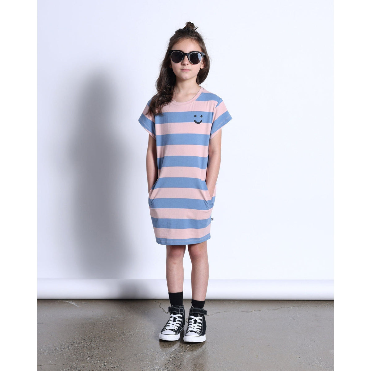 Happy Face Tee Dress- Muted Pink/Muted Blue