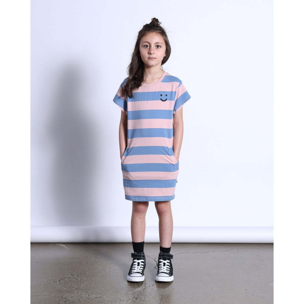 Happy Face Tee Dress- Muted Pink/Muted Blue