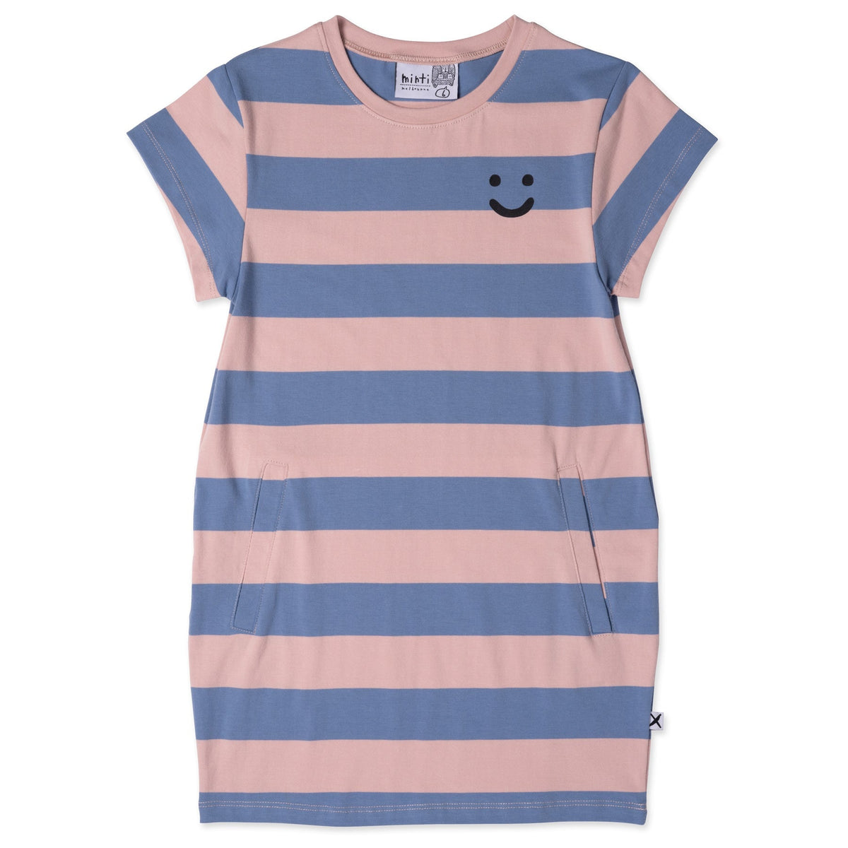 Happy Face Tee Dress- Muted Pink/Muted Blue