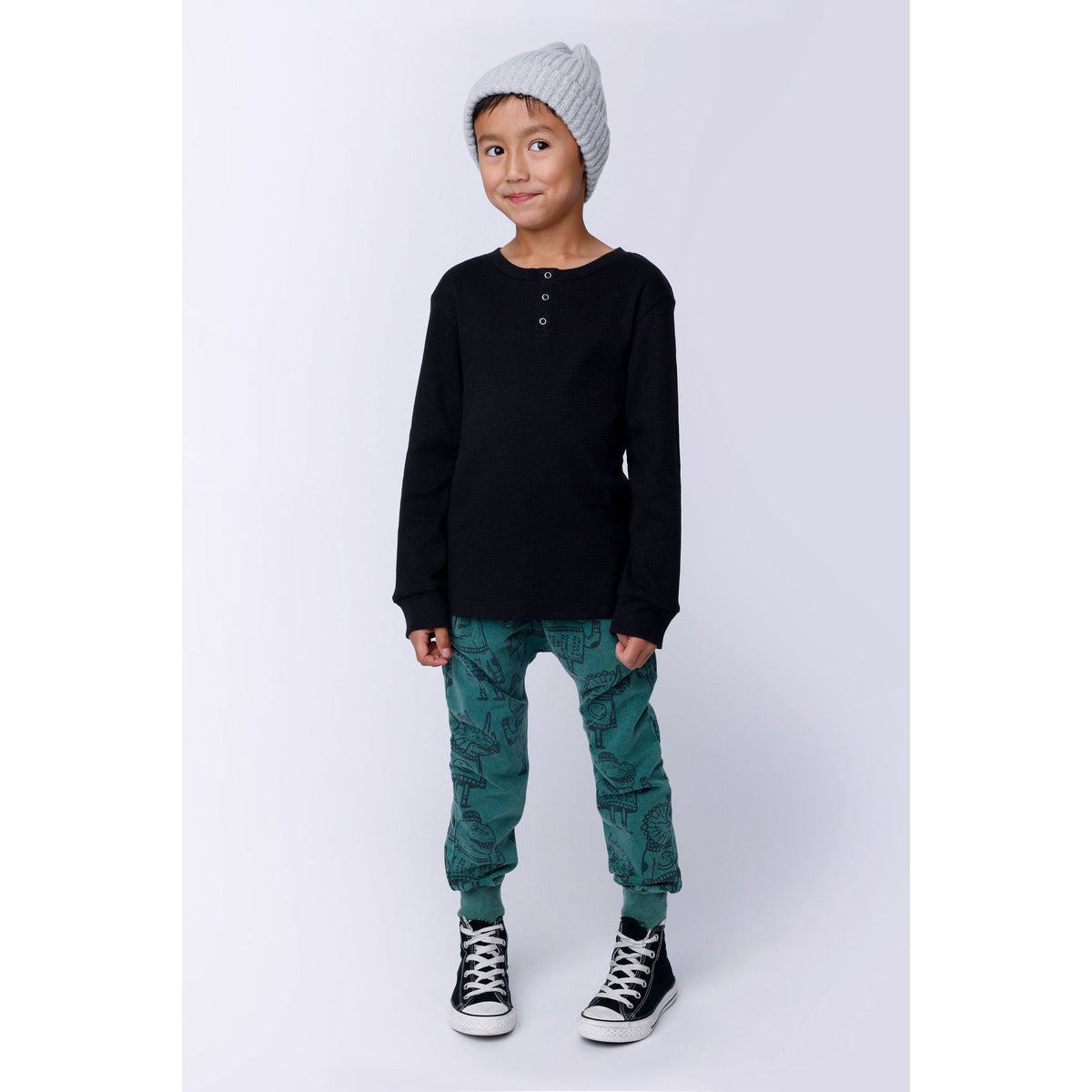 Waffle Henley Tee - Black