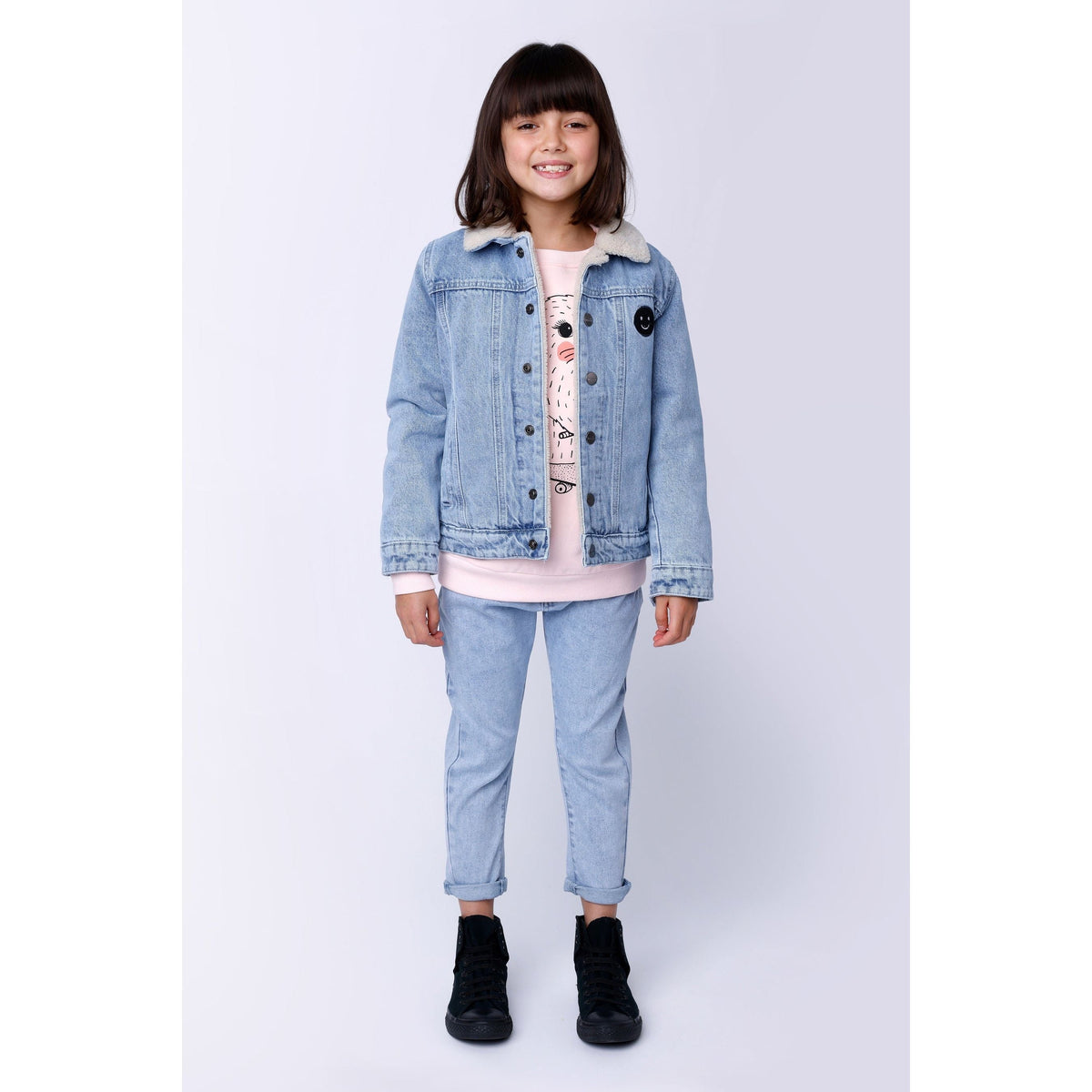 Happy Face Denim Bomber - Blue Denim