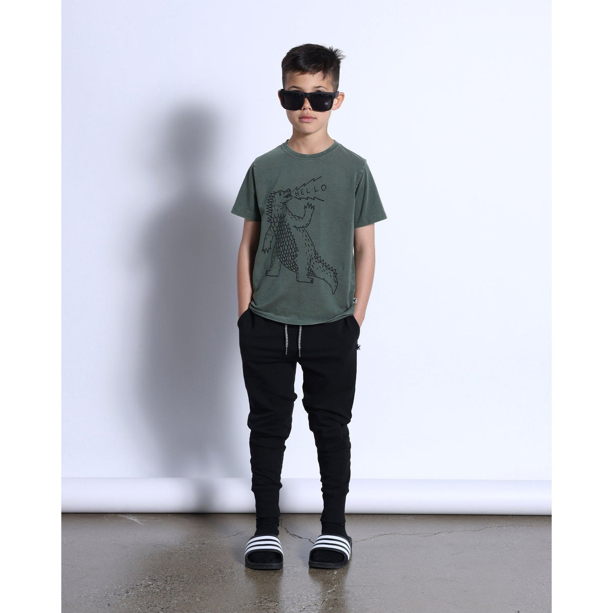 Friendly Godzilla Tee- Olive Wash