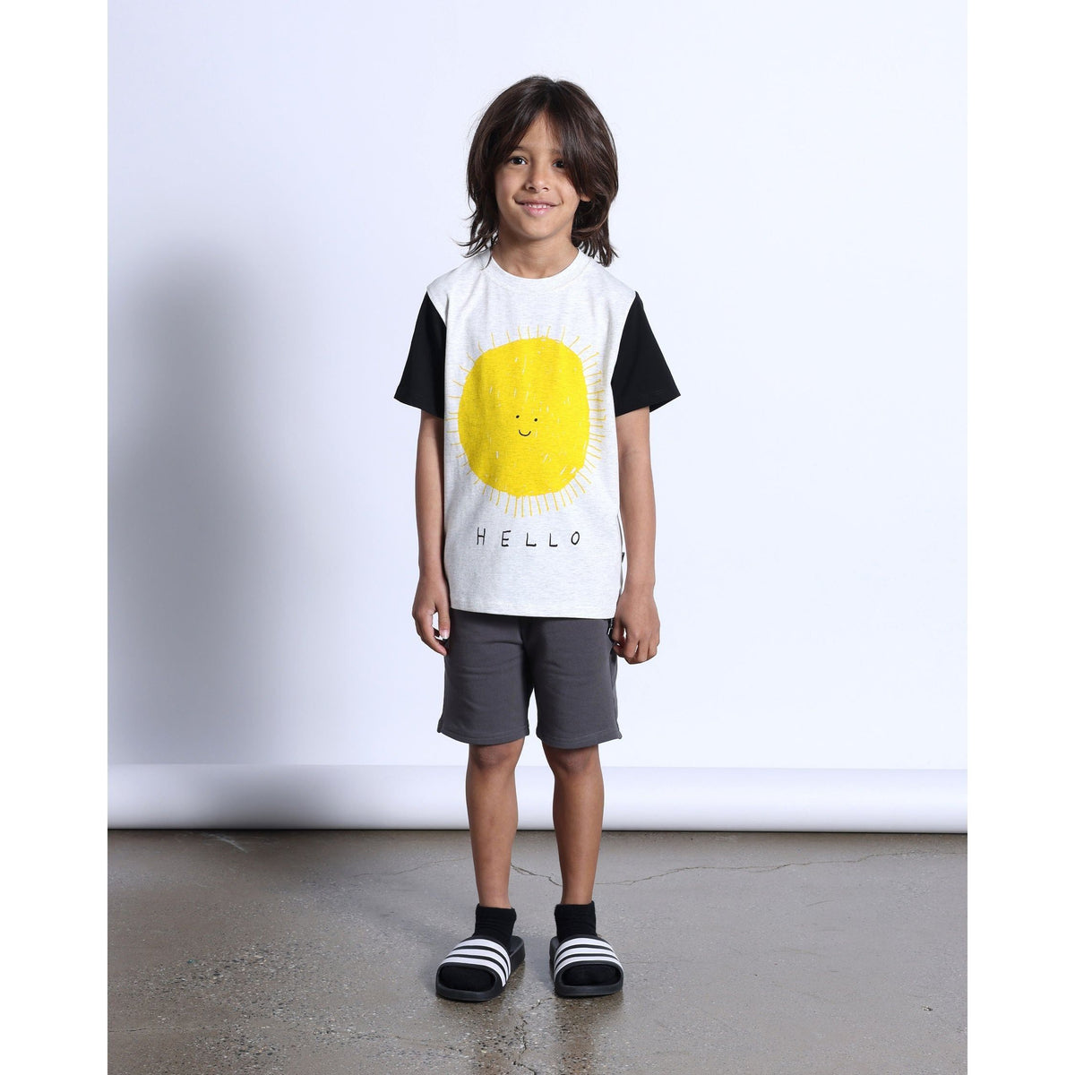 Hello Sun Goodbye Moon Tee- White Marle/Black