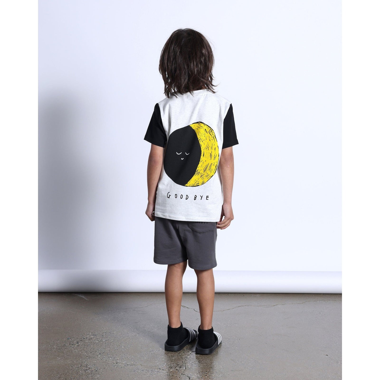 Hello Sun Goodbye Moon Tee- White Marle/Black