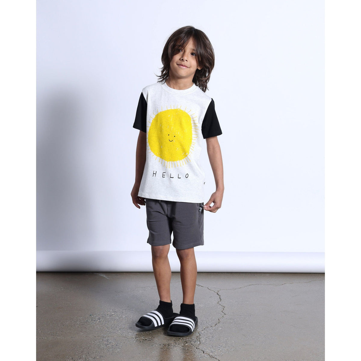 Hello Sun Goodbye Moon Tee- White Marle/Black