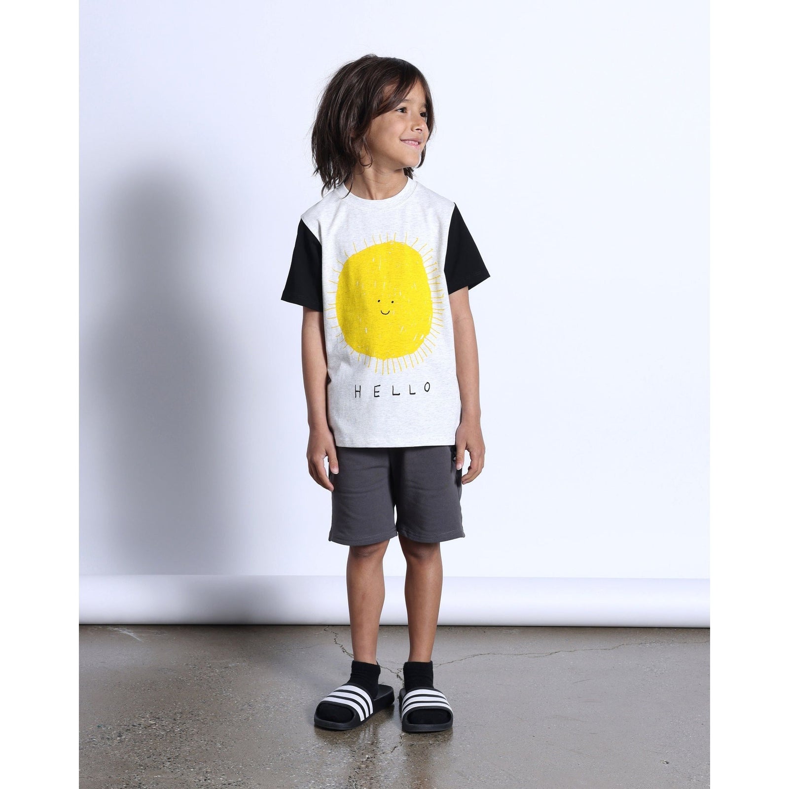 Hello Sun Goodbye Moon Tee- White Marle/Black
