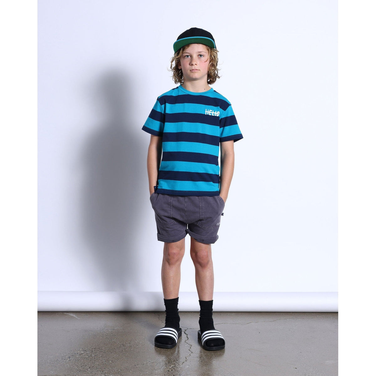 Duo Tee- Aqua/Navy Stripe