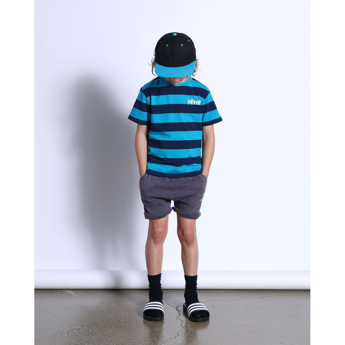 Duo Tee- Aqua/Navy Stripe