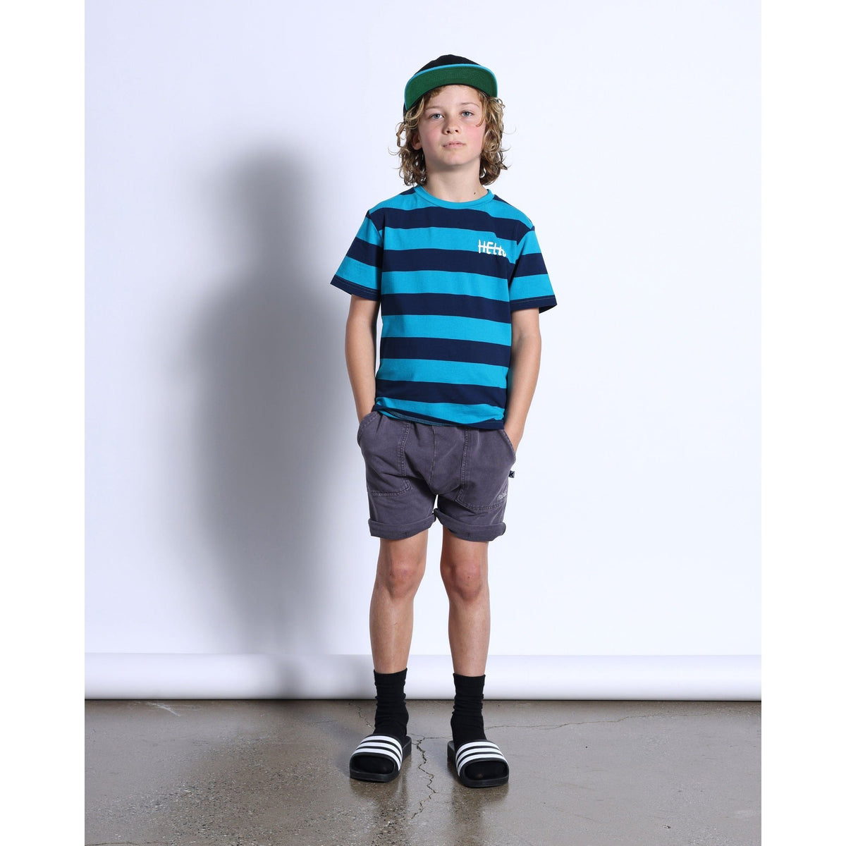 Duo Tee- Aqua/Navy Stripe