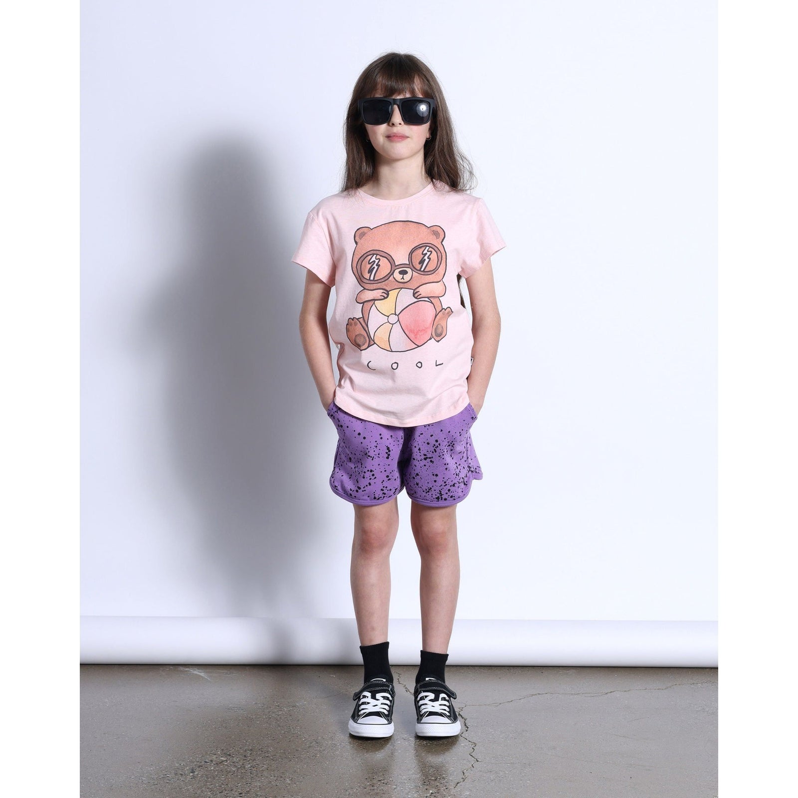 Cool Beach Bear Tee- Pink Marle