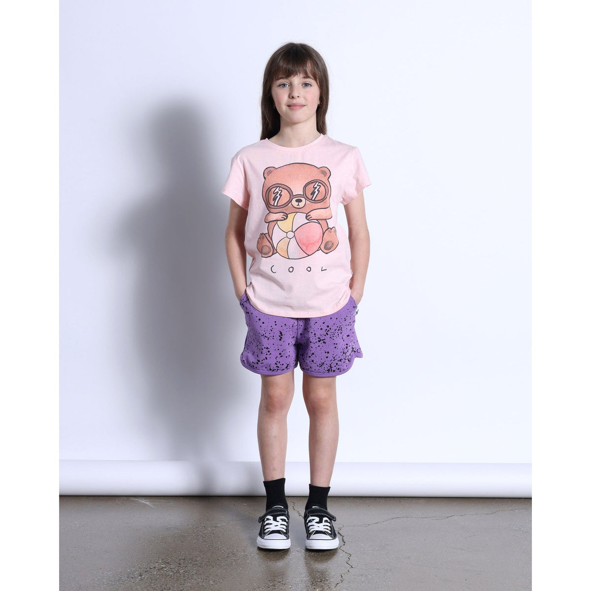 Cool Beach Bear Tee- Pink Marle