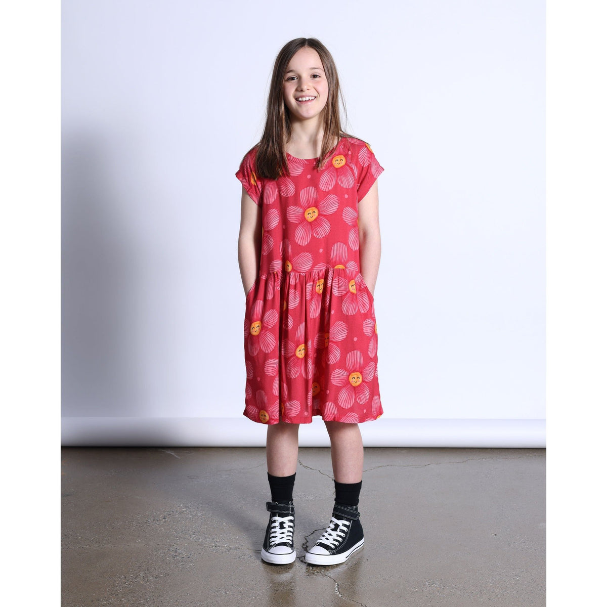 Painted Flower Woven Dress- Cherry