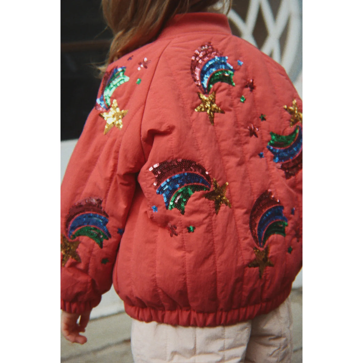 Juno Sequin Rainbow Bomber Jacket - Cardinal