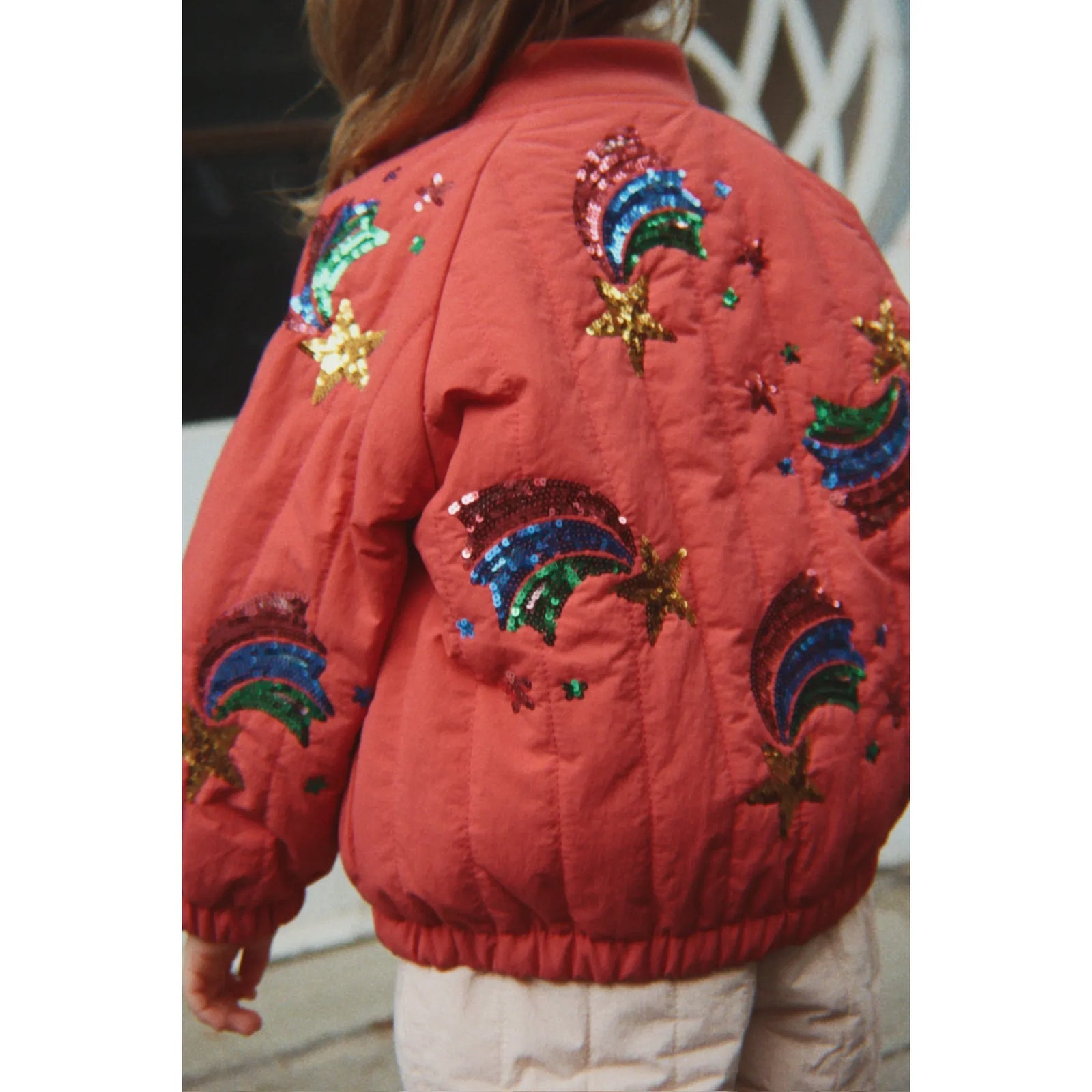 Juno Sequin Rainbow Bomber Jacket - Cardinal