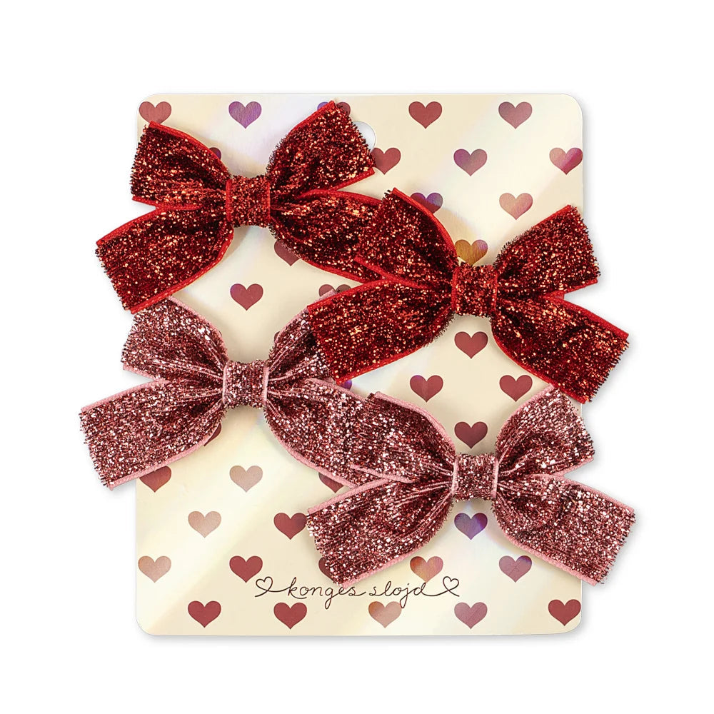 4 Pack Micki Bow Hair Clips - Red Glitter/Rose Glitter