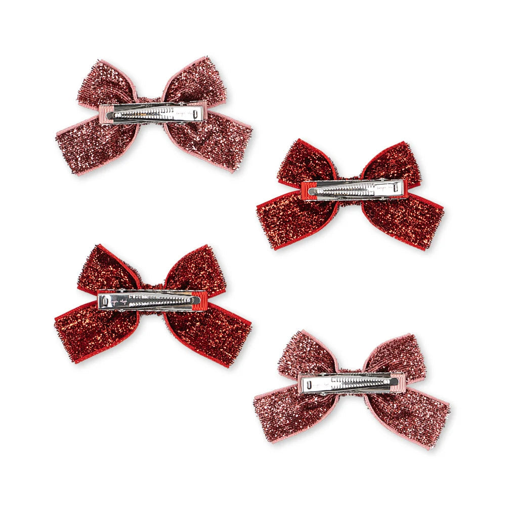 4 Pack Micki Bow Hair Clips - Red Glitter/Rose Glitter