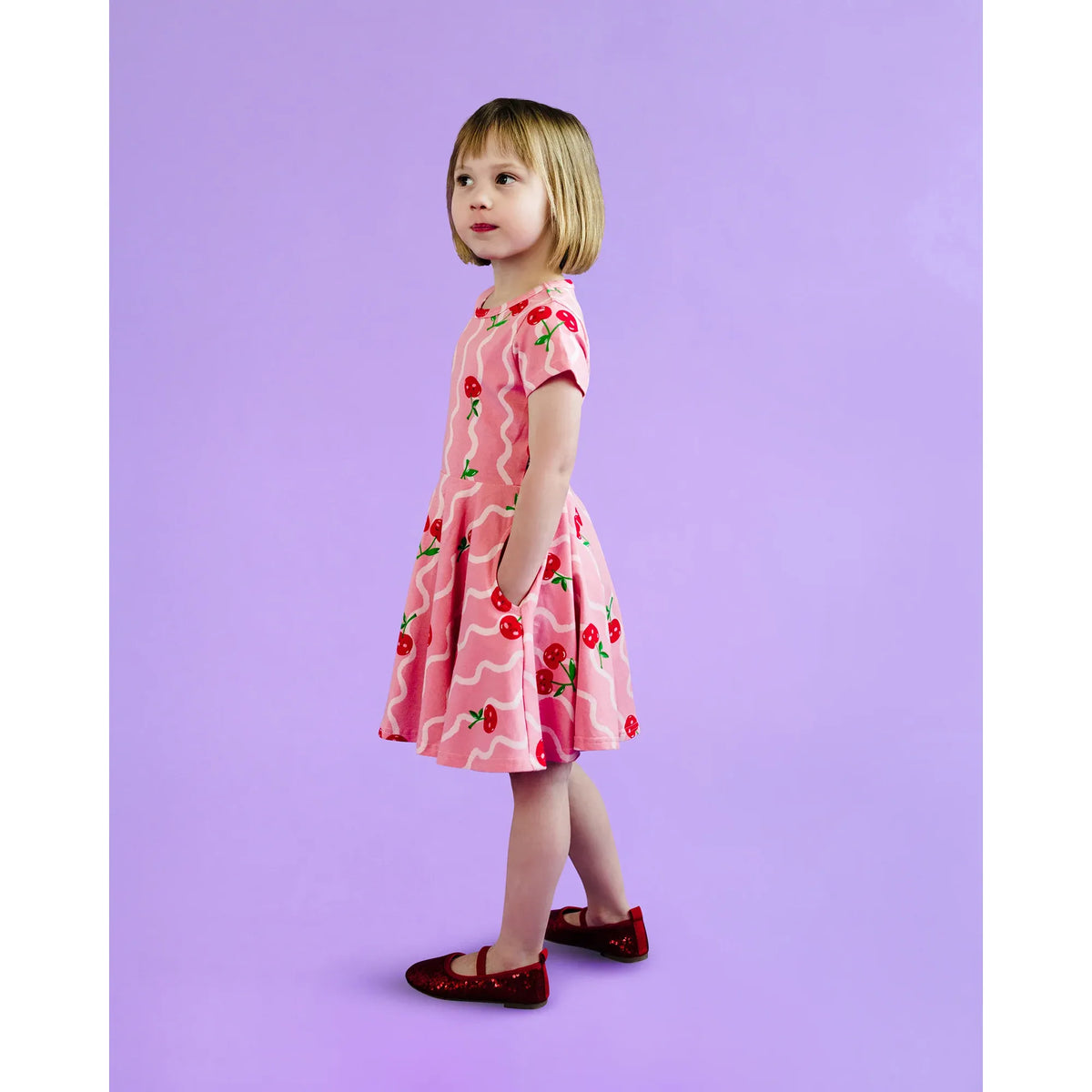 Cherry Squiggle Short Sleeve Waisted Dress