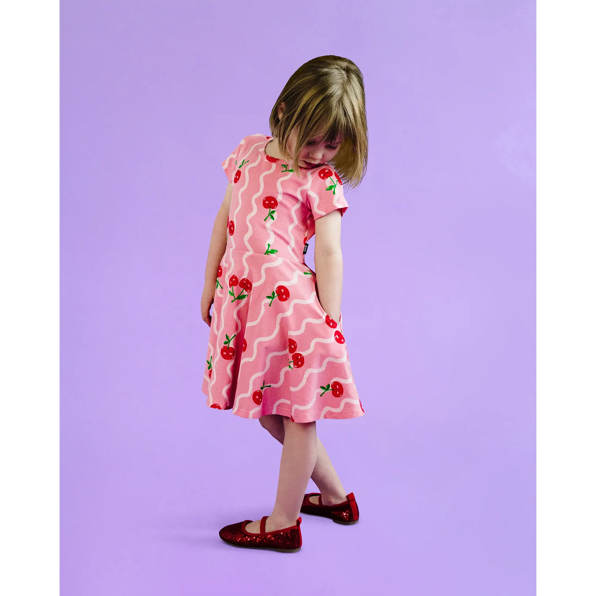 Cherry Squiggle Short Sleeve Waisted Dress