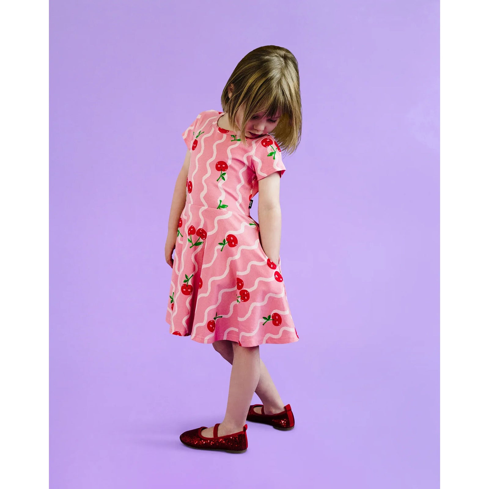 Cherry Squiggle Short Sleeve Waisted Dress