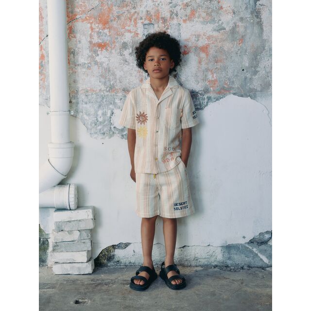 Embroidered Short-Sleeved Shirt - Eggnog Stripe