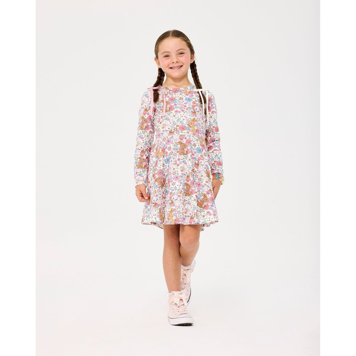 Ditsy Bunny Long Sleeve Waisted Dress