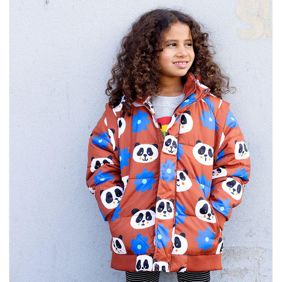 Flowers And Pandas Puffa Jacket - Warm Orange
