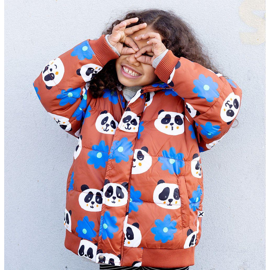 Flowers And Pandas Puffa Jacket - Warm Orange