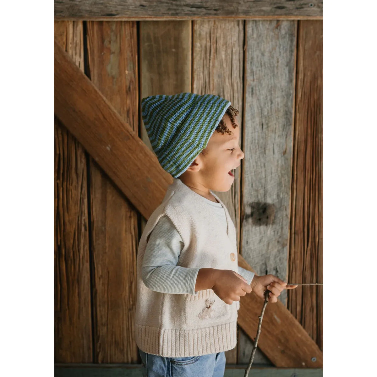 Berlin Merino Beanie Green and Blue Stripe