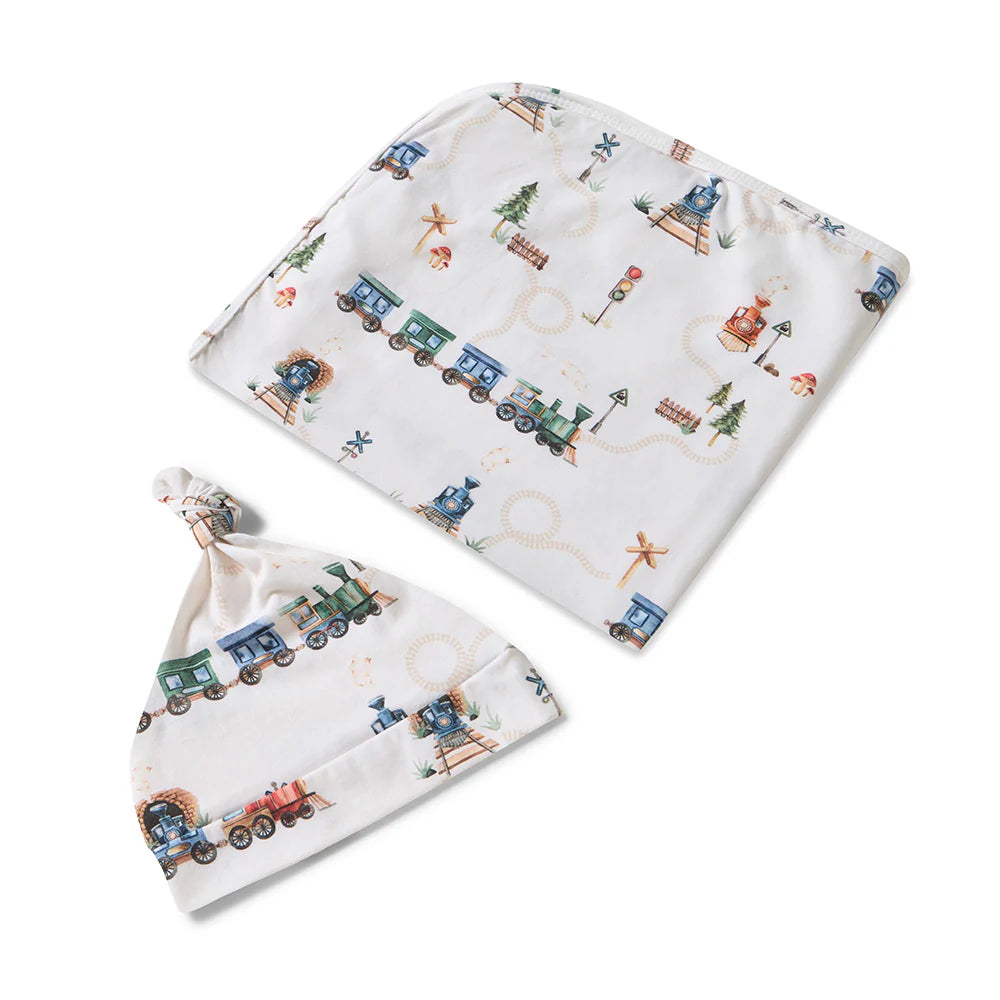 Trains Organic Jersey Wrap &amp; Beanie Set