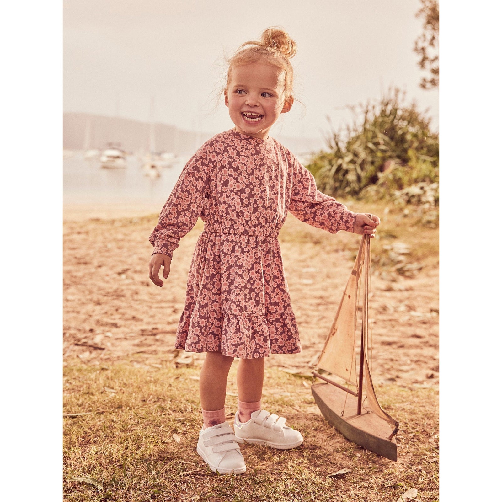 Flower Bear Drop Shoulder Tuck Dress