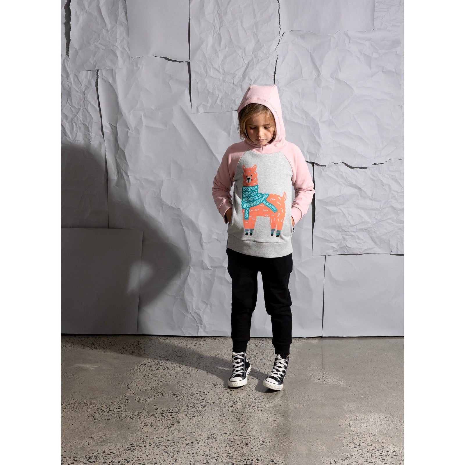 Warm Llama Furry Hood - Grey Marle/Muted Pink