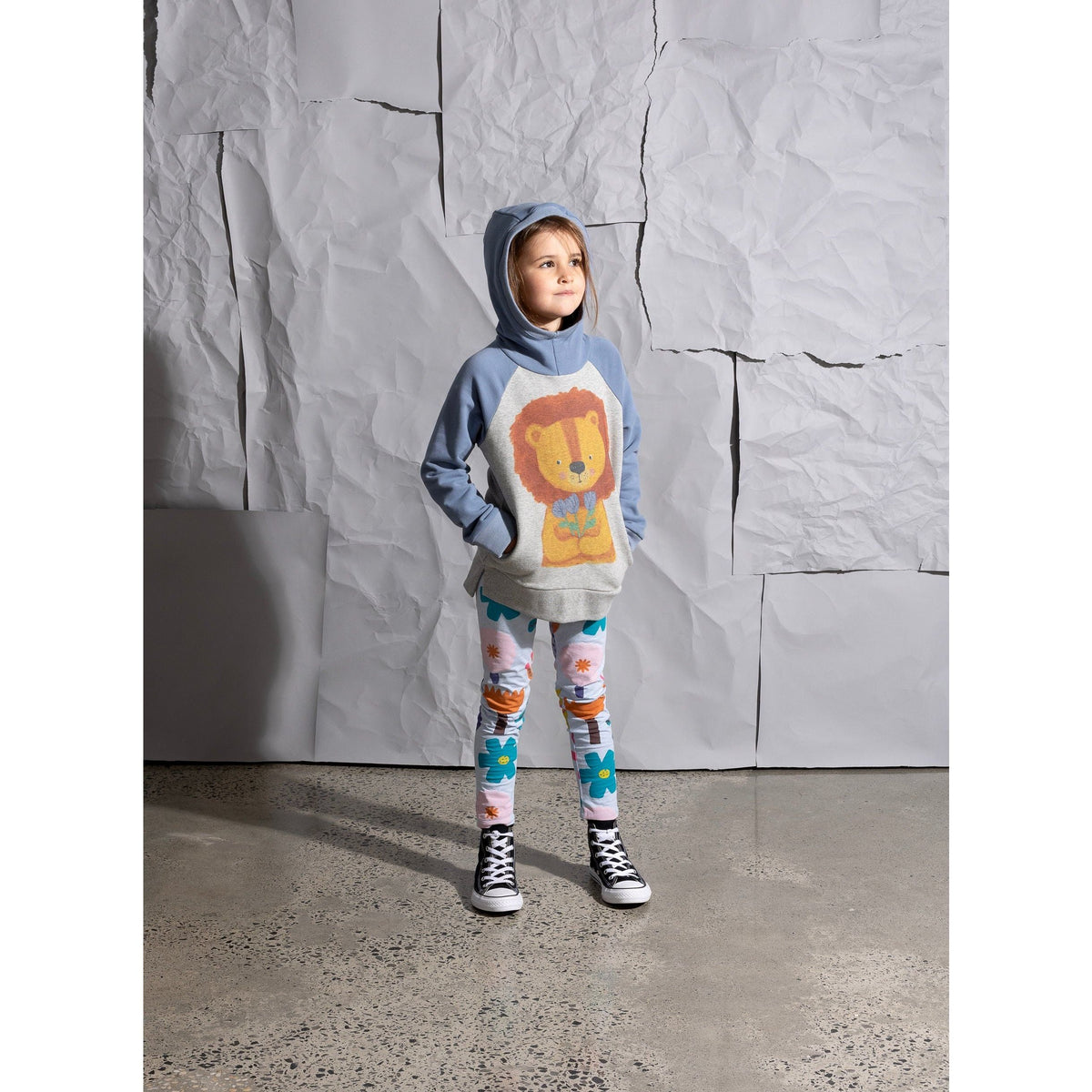 Flower Lion Furry Hood - Grey Marle/Cornflower