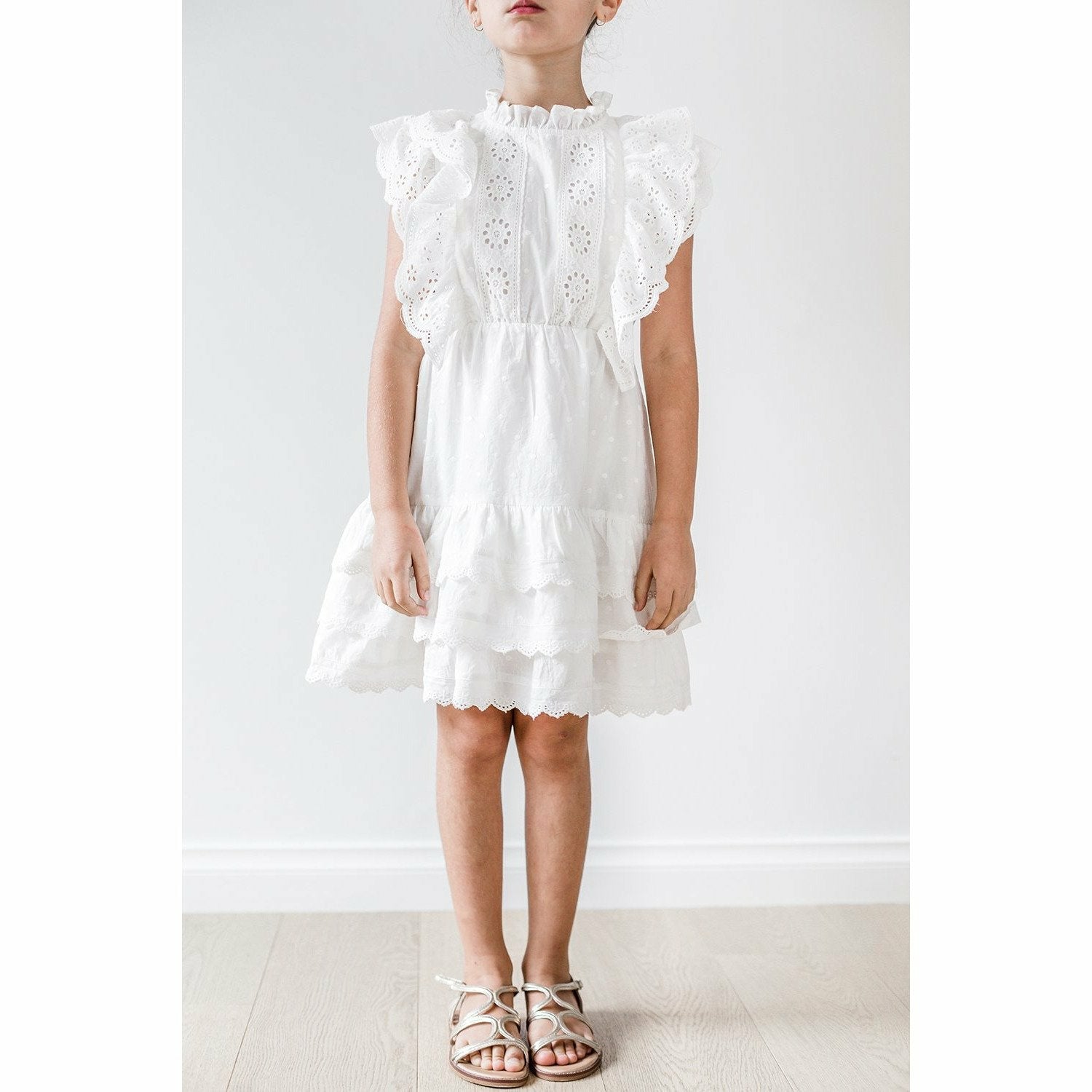 Embroidered Ruffle Dress - White