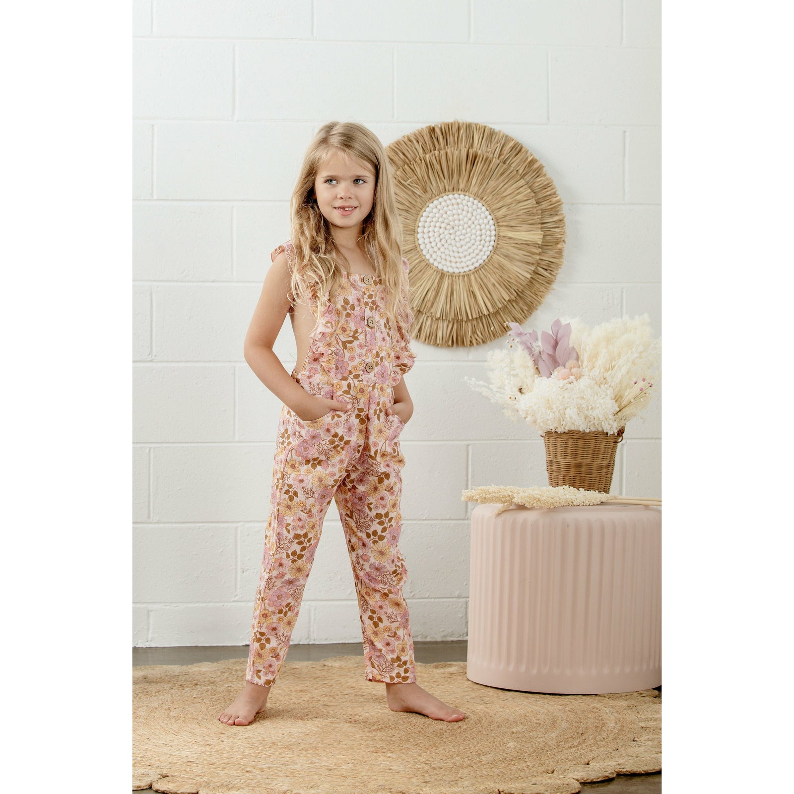 Pink Posy Ruffle Dungarees